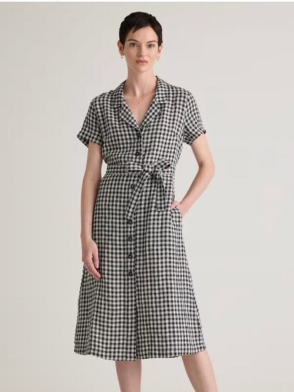 Quince 100% Linen Button Front Dress KhakiBlack Gingham Size Small Button Front